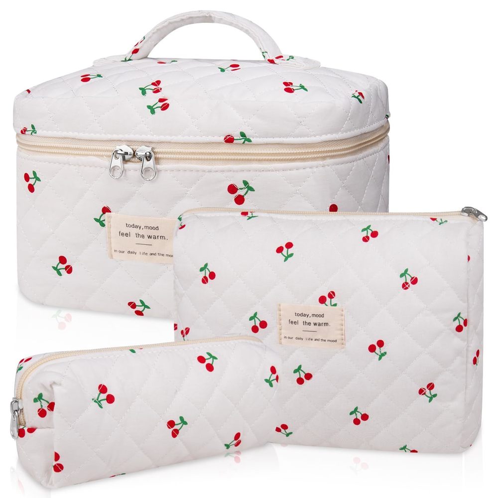 3pc Makeup Bag Set, Quilted Makeup Bag, Large Floral Cosmetic Bag For Women,💕